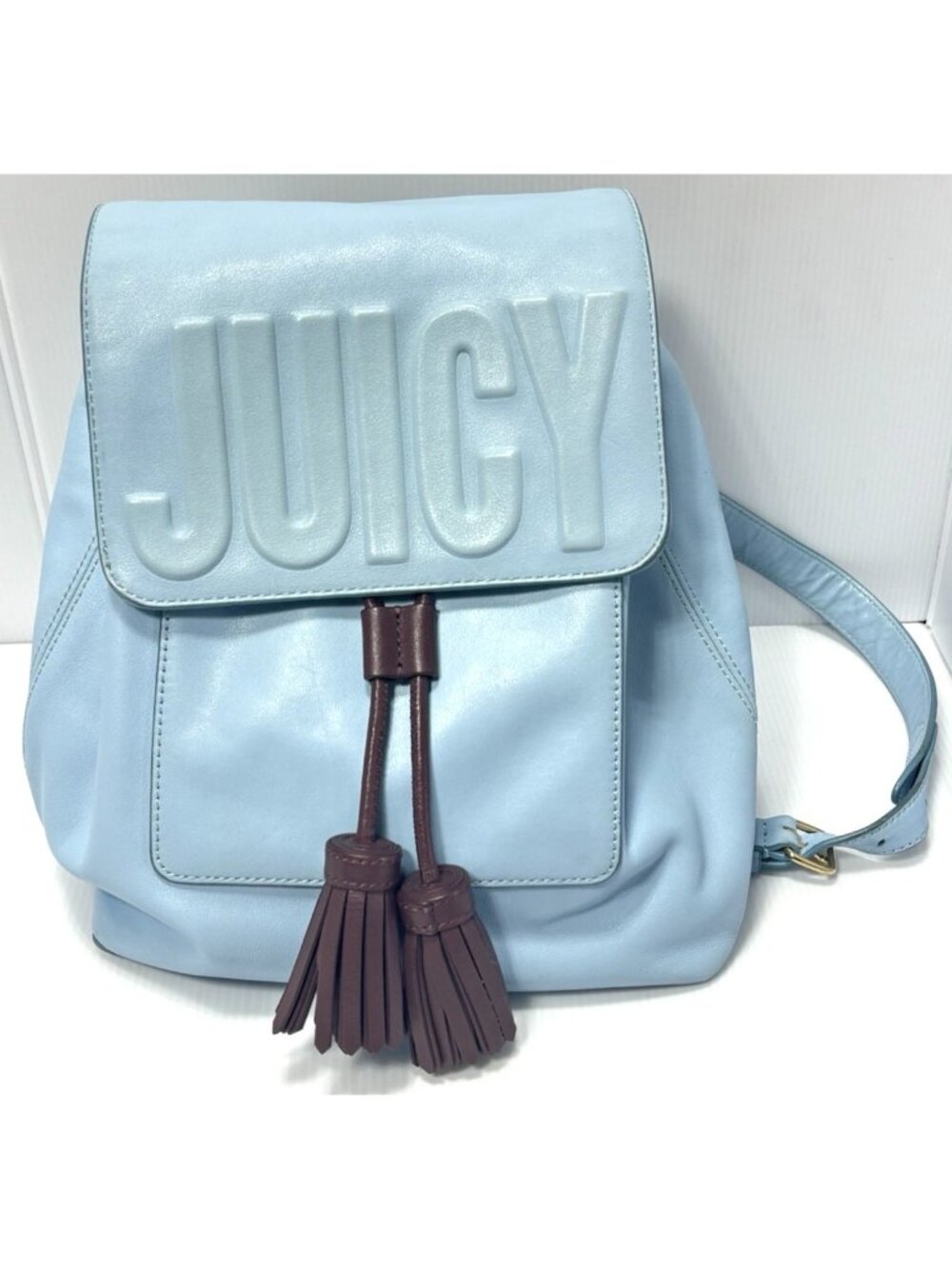 Juicy Couture Light Blue PU Leather Backpack - Drawstring Tassel Rucksack - GUC